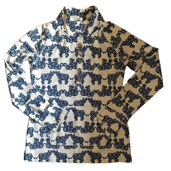 Lilly Pulitzer Elephant Print Kangaroo Pocket Popover Top Size Small blue white - Picture 1 of 6